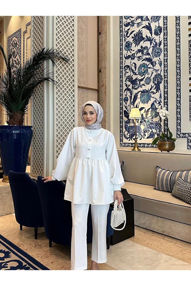 Special Stone Buttoned Scuba Suit White - 8