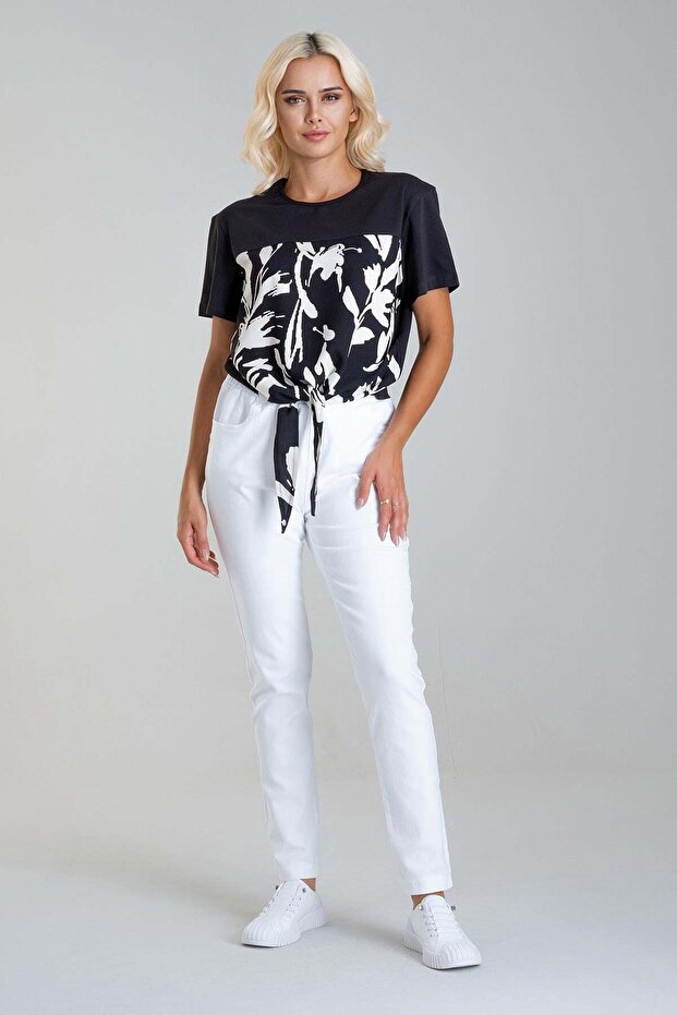 Women's Tied Printed Viscose Combination Lycra Knitted Fabric Crew Neck Tshirt Black-Black Print