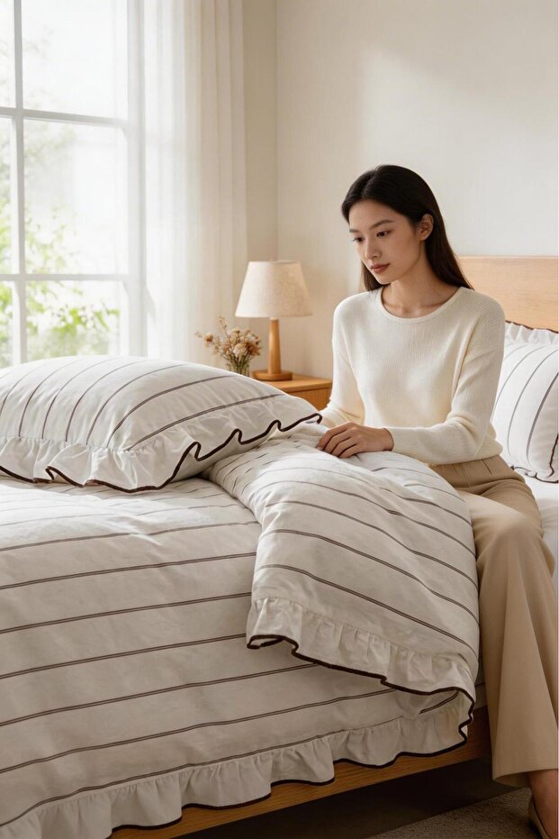 Double Duvet Cover Set 100% Cotton Decorative Overlocked Ruffled