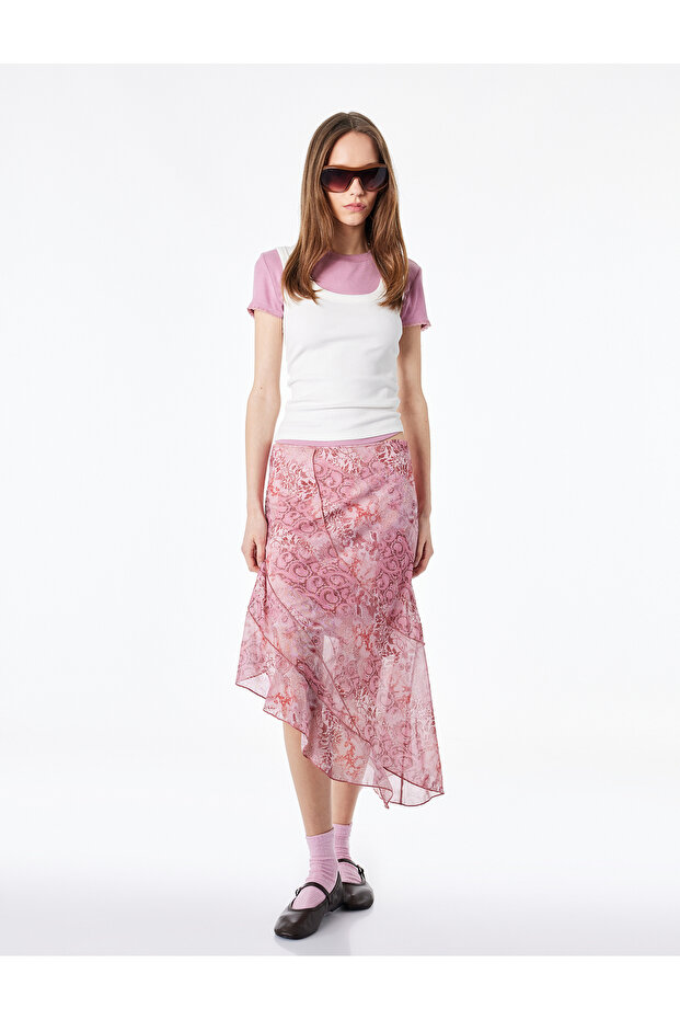 Patterned Asymmetrical Cut Slim Fit Midi Skirt