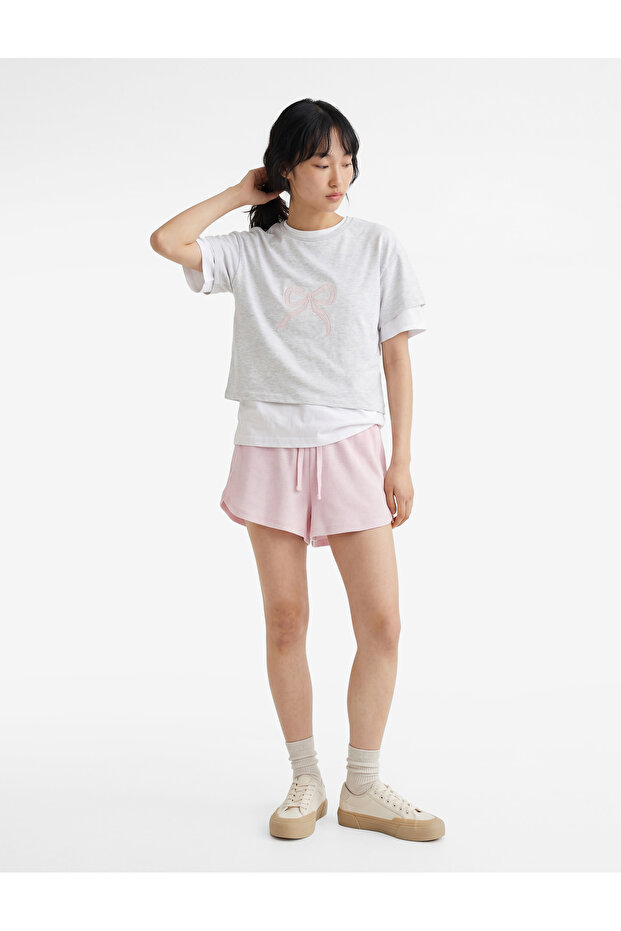 Slim Fit Short Sleeve Crew Neck T-Shirt with Bow Embroidery