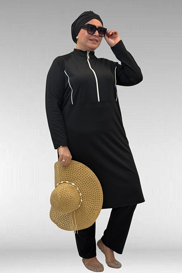 1733 Plus Size Zippered Hijab Swimsuit - Black