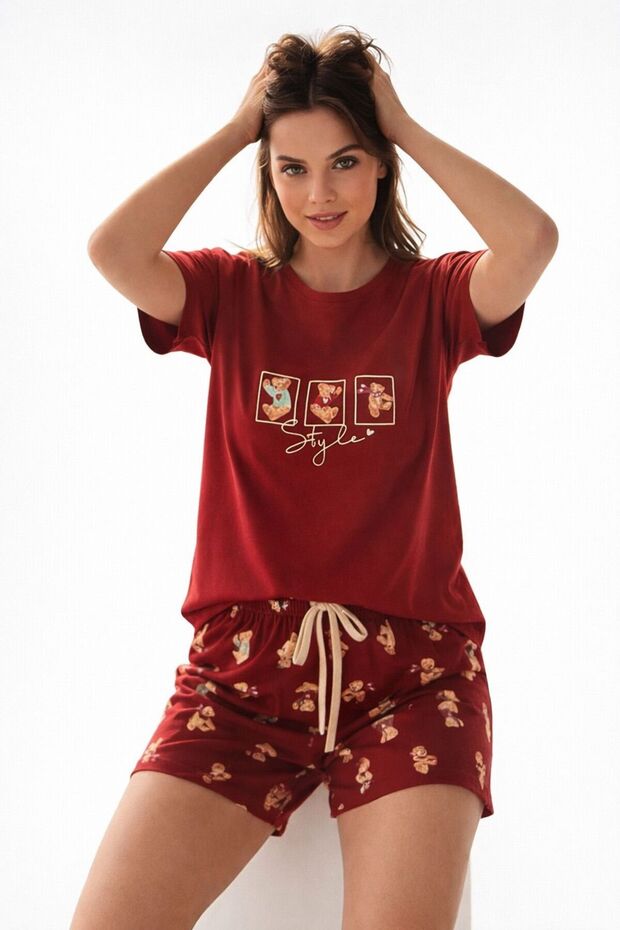 Red Pick Your Bear Style Patterned Short Sleeved Pajama Set with Shorts 90785 - R3278