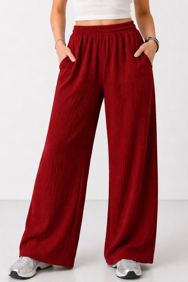 Women's Brick Color Elastic Waist Pocket Wide Leg Seasonal Trousers