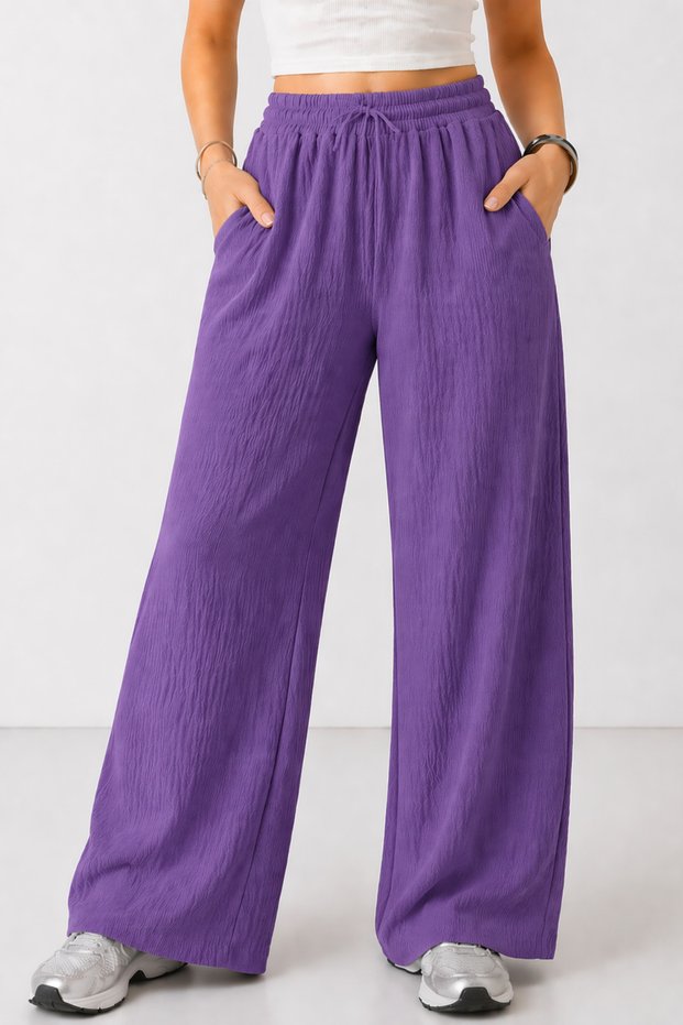 Women's Purple Elastic Waist Pocket Wide Leg Seasonal Trousers