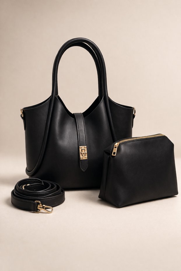 Clip Zippered Black Leather Hand and Shoulder Bag