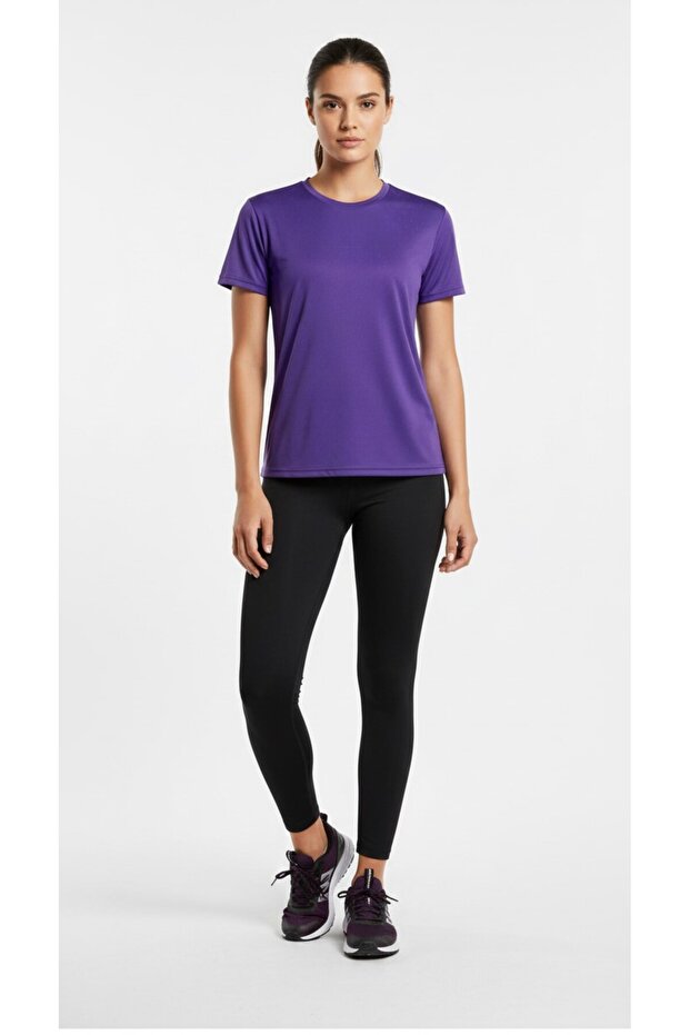 bumerangspor Kadın Fitness Pilates Koşu Antrenman Yağmurdesen Polyester Kumaş Tişört- Mor