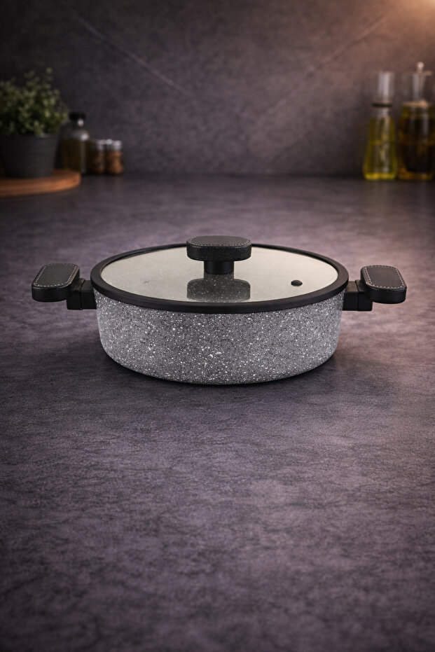 Valeria 28 cm Granite Flat Pot with Silicone Edged Glass Lid - Gray Non-Stick