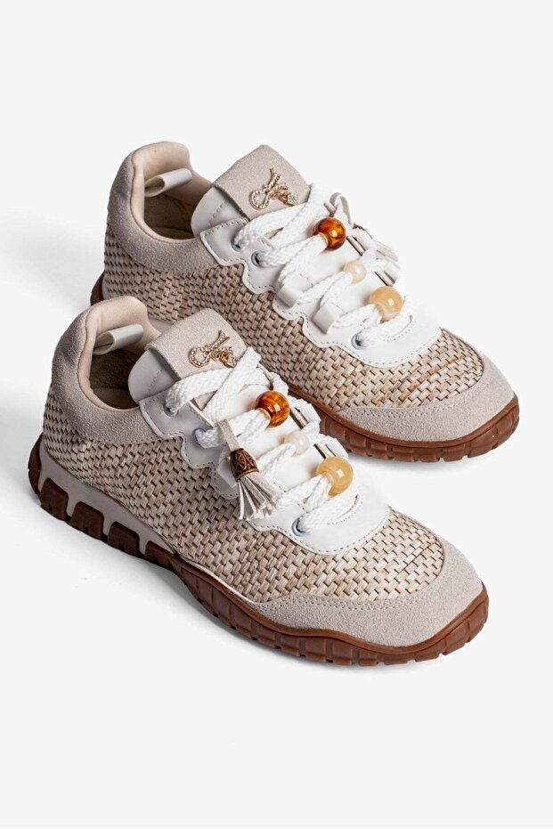 Women's Straw Sneaker with Suede Details, Beaded Calla White
