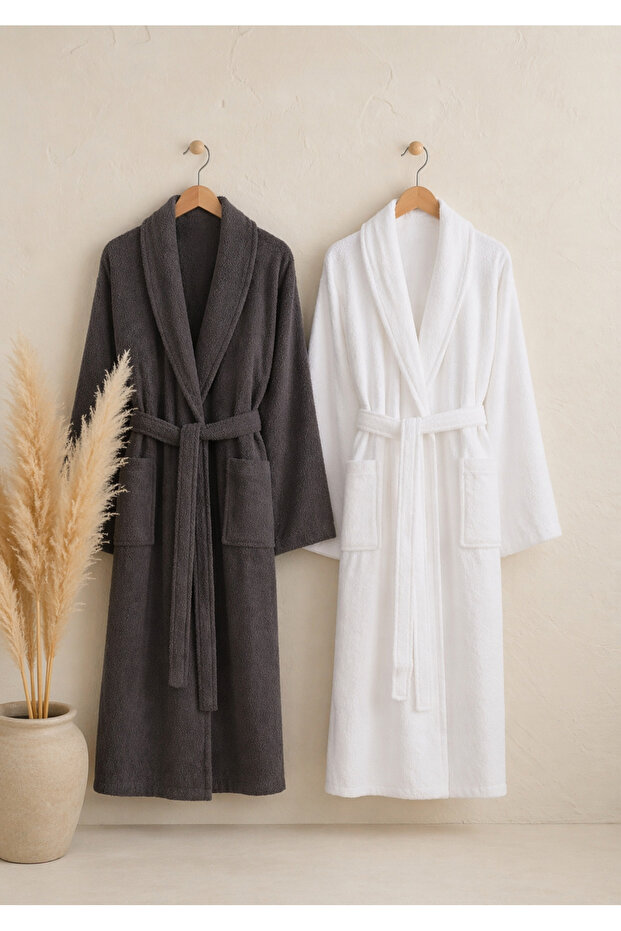 2-Piece Bathrobe Set 100% Cotton Certified Women's Men's Shawl Collar Family Set Anthracite and White