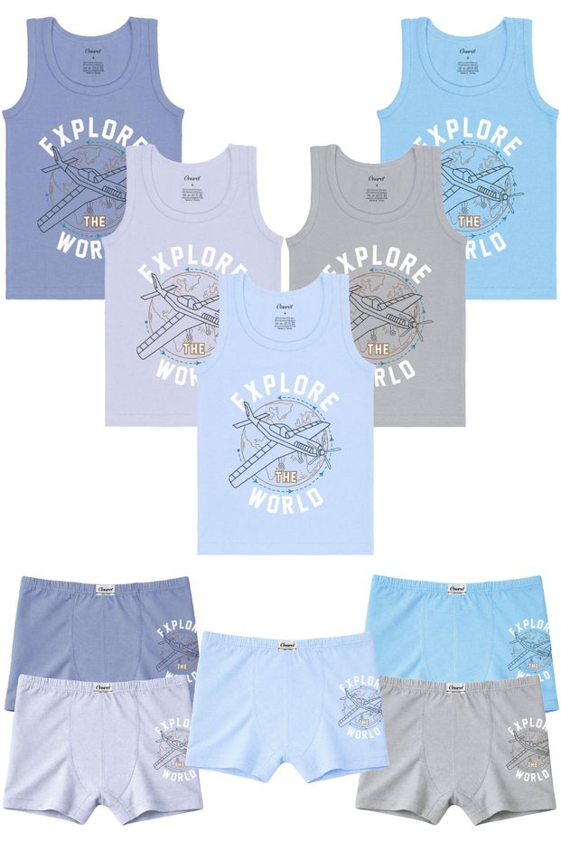5-Piece Explore World Printed Boys' Lycra Colorful Undershirt Boxer Set