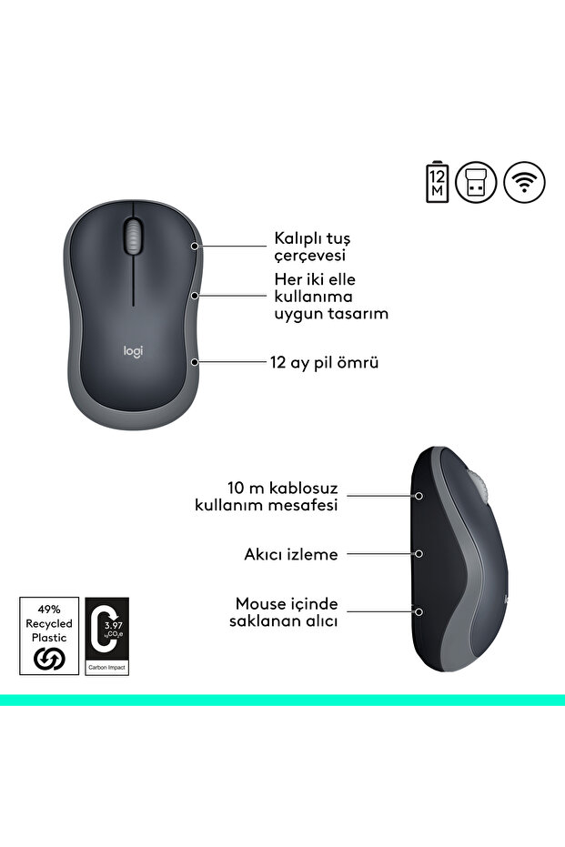 M185 Compact Wireless Mouse with USB Receiver, Gray 910-002235 - 6