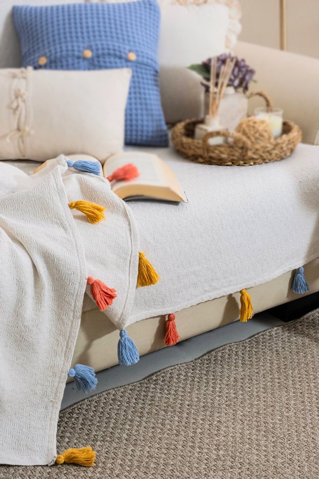 Magnolia Back Covering Ecru Colored Tasseled 170X 205 cm Sofa Cover - Premium, Textured, Stain Resistant