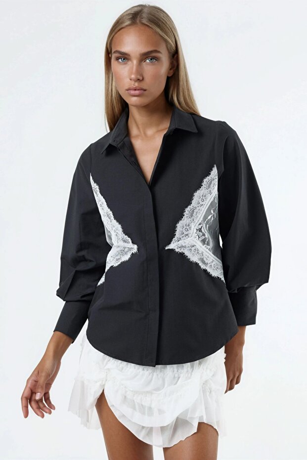 Qu Style Lace Detailed Fitted Poplin Shirt