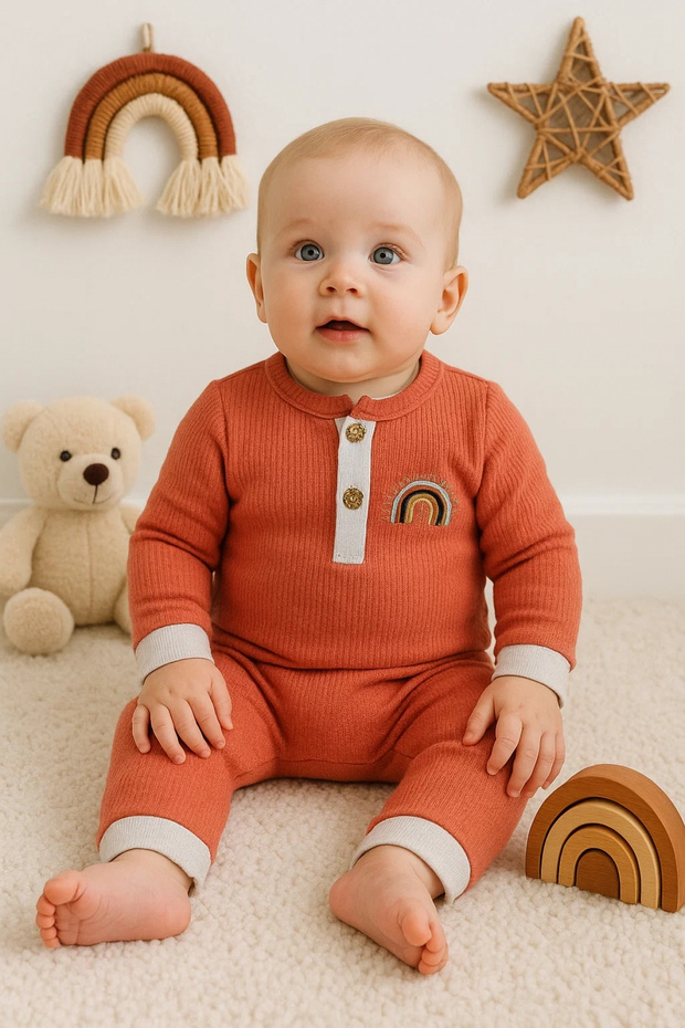 3-9 Months Baby Boy Rompers Waffle Rainbow Embroidered Red