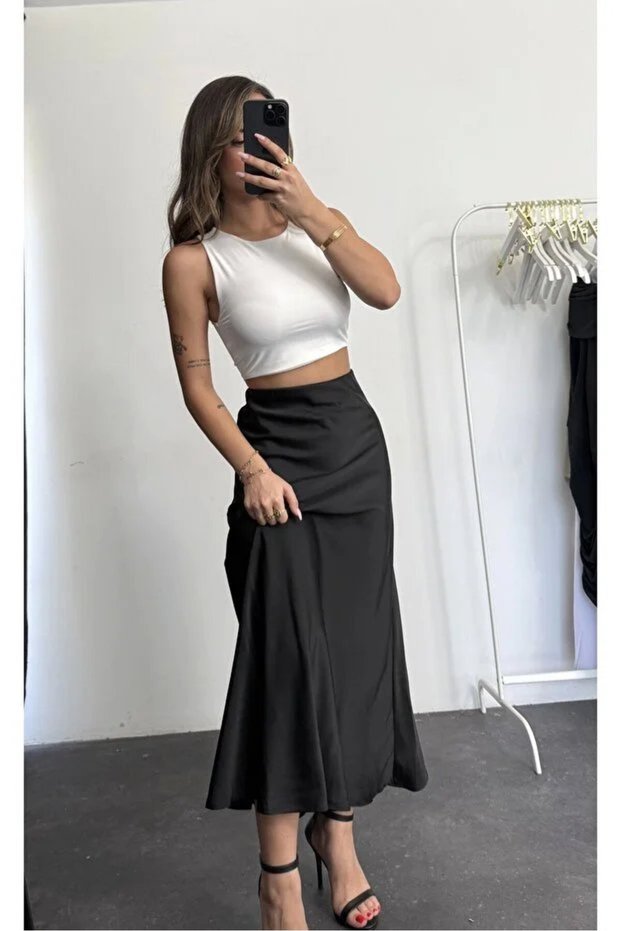 Women's Verev Cut Draped Satin Skirt Black 2818