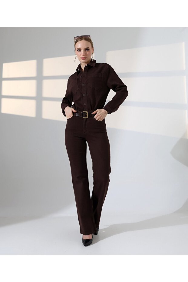 Women's Classic Jeans Overalls with Drawstring Waist Brown 3037-78