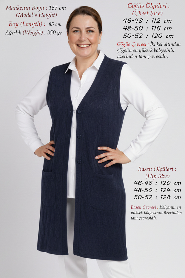 Plus Size Women's Very Special Knitwear Seasonal Thin Long Mother's Navy Blue Vest