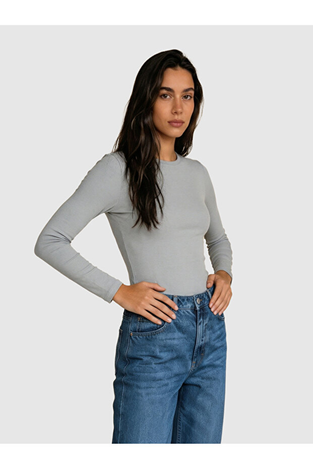 Women's Round Neck Long Sleeve Basic Cotton Blouse Gray