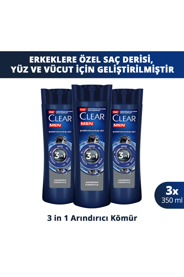 Men 3 in 1 Shampoo & Shower Gel Purifying Charcoal for Hair, Face and Body 350 ml X3