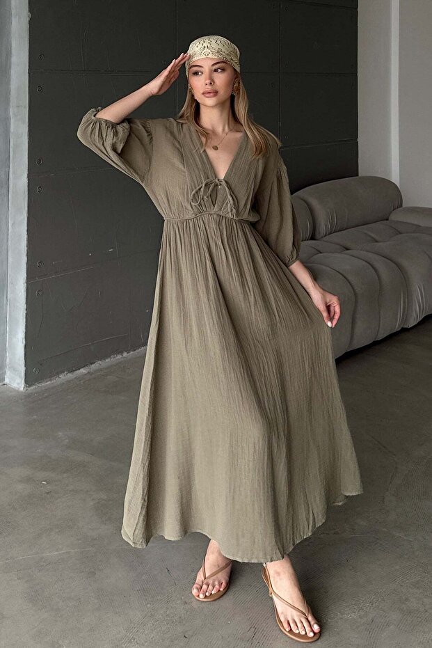 Elastic Waist Lace Detailed Half Sleeve Muslin Dress Khaki 9331-E
