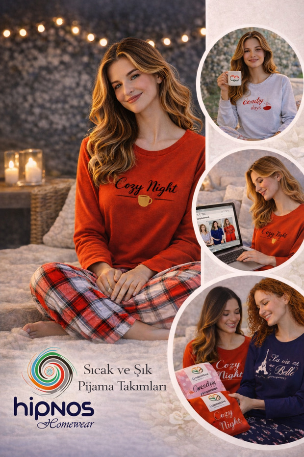 طقم بيجامة Cozy Night مطبوع بأكمام طويلة باللون الأحمر قماش منقش منقوش مقاس مريح
