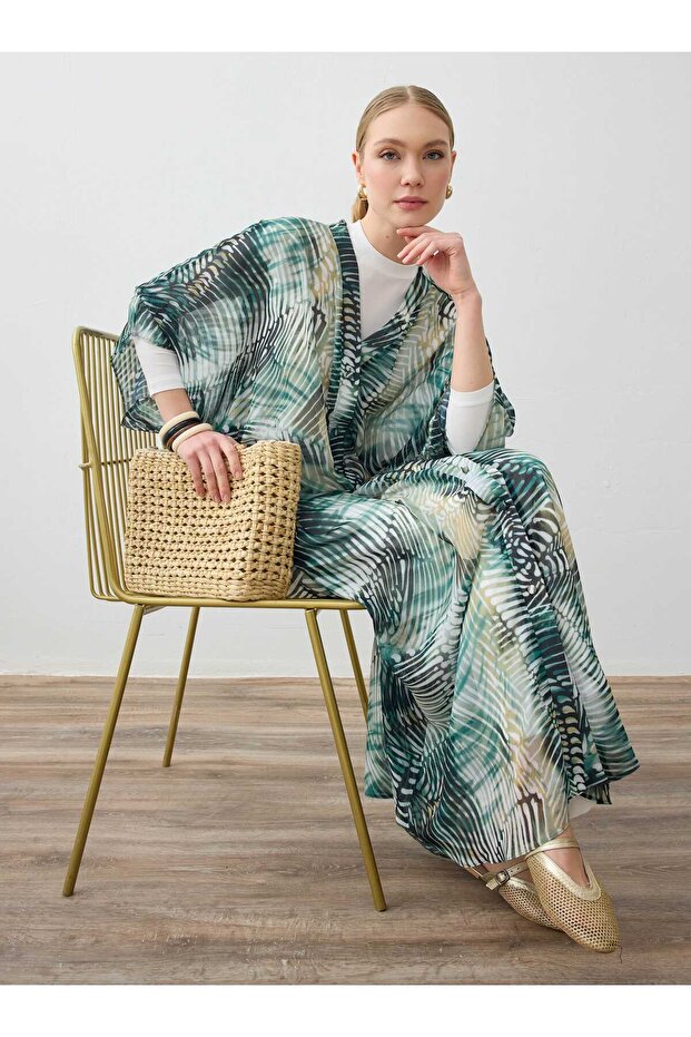 Patterned Long Chiffon Abaya - Khaki Patterned - - 2