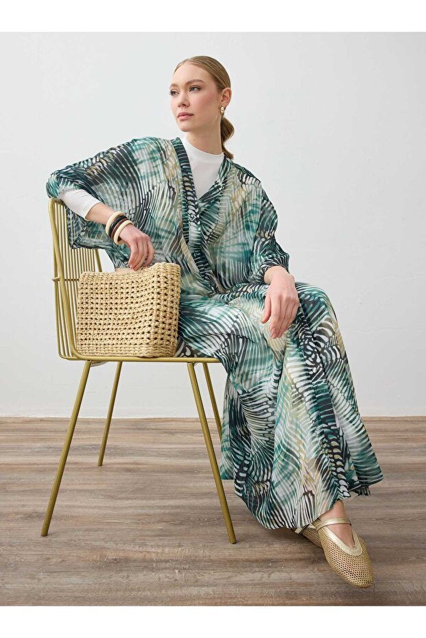 Patterned Long Chiffon Abaya - Khaki Patterned - - 1