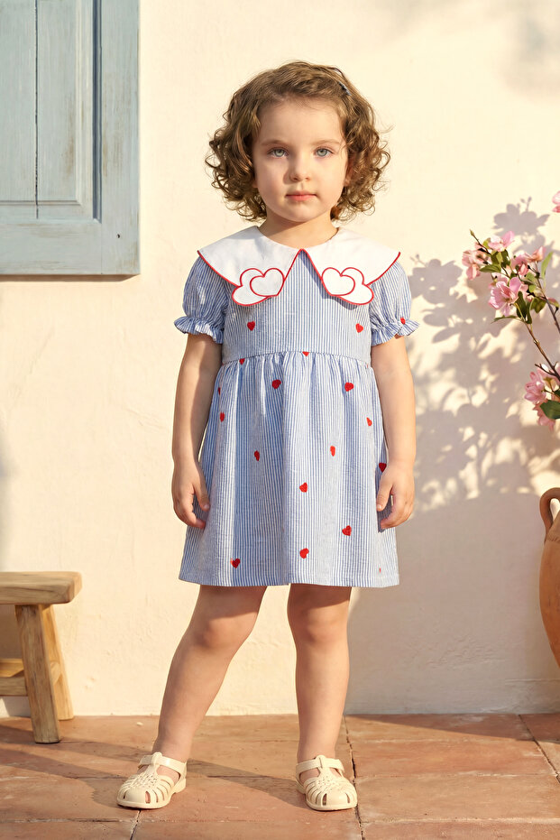 Girl's Dress Summer Collar Detailed Heart Embroidered Blue