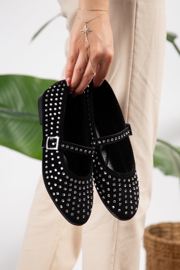Comfortable Sole Women's Black Stone Detailed Casual Shoes with Baretli Daily Ballerina Buckle Lightweight Comfortable Shoes