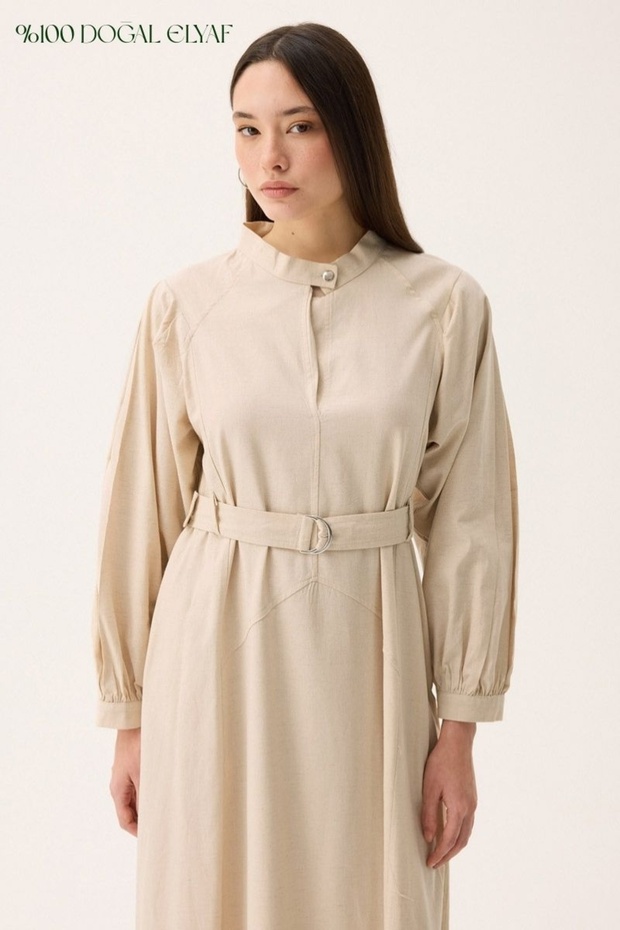 Judge Collar Stitched Linen Dress Stone