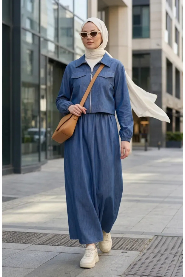 Zippered Denim Look Double Suit 0254-05 Denim Blue