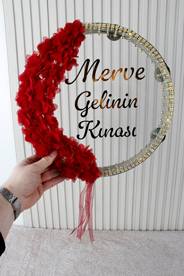 Mortex Bordo LED'li Şeffaf Gelin Tefi 32 cm 3D Çiçekli Taşlı Nedime Bride Kına Düğün Parti Defi