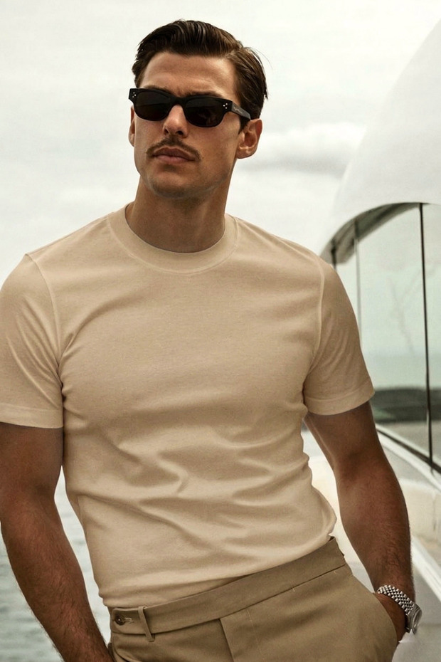 Men's Slimfit Slim Fit Beige Crew Neck 100% Organic Cotton Plain Basic Summer T-Shirt