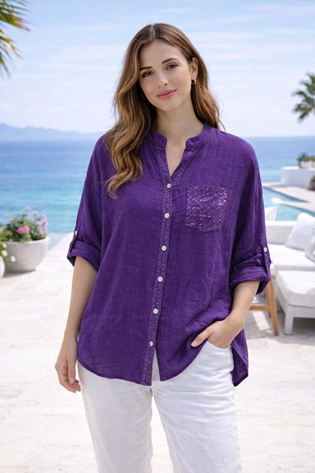 Sequin Detailed Three-Quarter Sleeve Italian Shirt