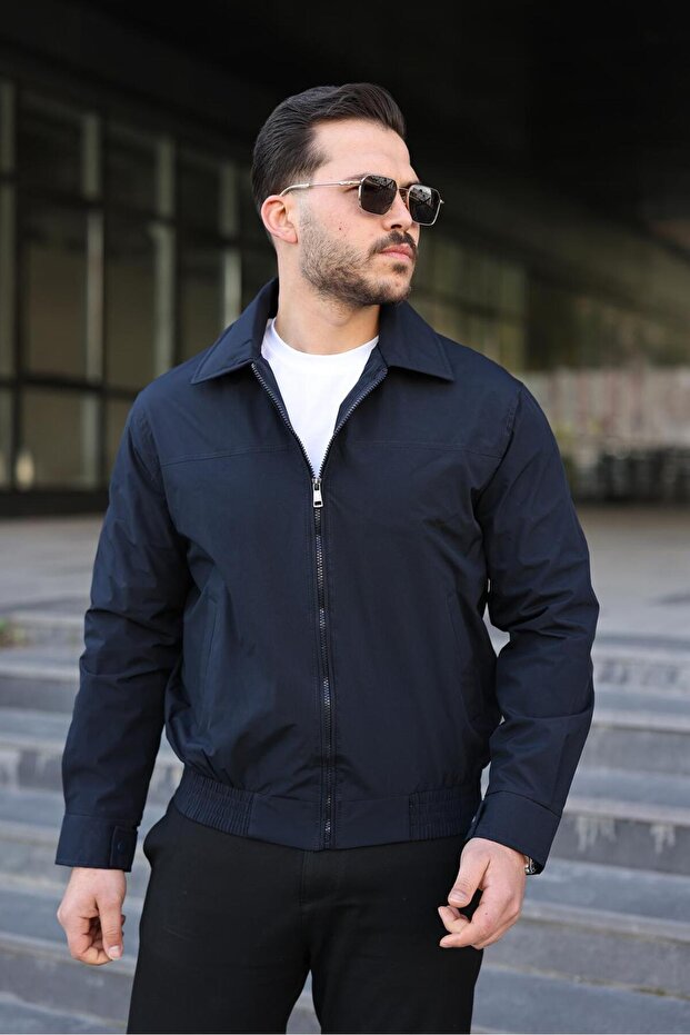 Men's Navy Blue Bomber Jacket Slim Fit Zippered Casual Stylish Coat