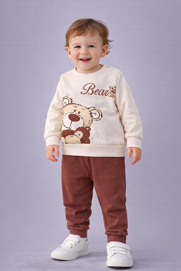 Baby Boy Teddy Bear Toy Bear Front-Back Printed 2-Piece Tracksuit Set – Transitional 2-Thread Bottom Top Set