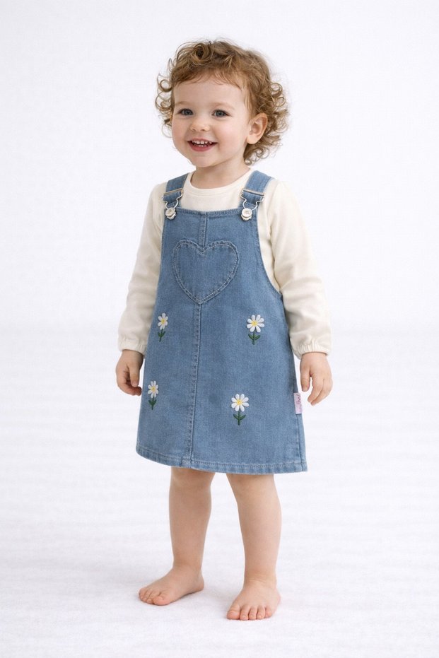 Baby Girl Daisy Embroidered Heart Stretchy Denim Look Jumpsuit & Long Sleeve Badi Set – Set of 2 6 Months–2 Years
