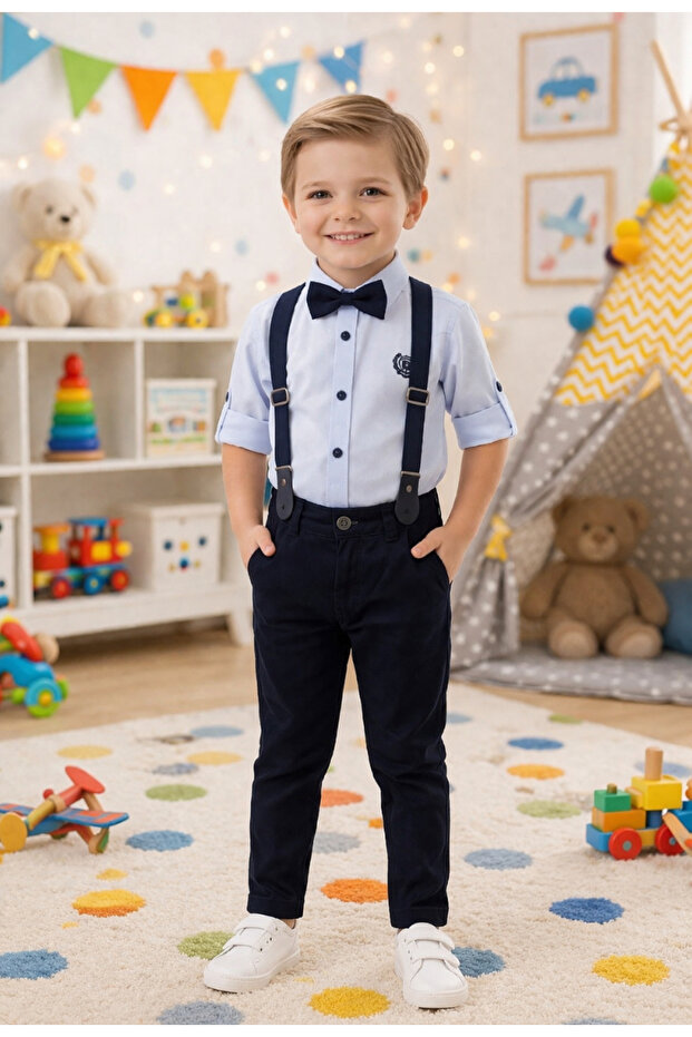 Boy's Bow Tie Suspender Suit – Shirt + Pants Stylish Holiday/Wedding Combination