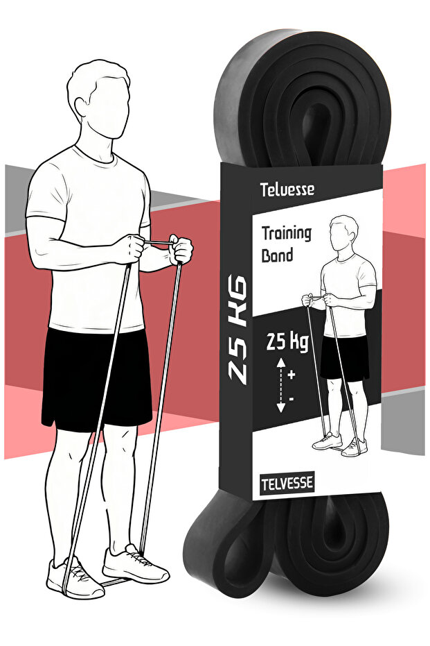 Telvesse 25 KG Direnç Bandı Kas Geliştirme Lastiği Fitness Pilates Cross Training Bant Siyah - Sert