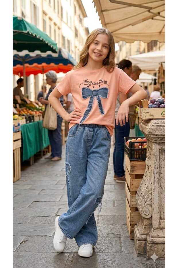 Summer Girls' Set with Jeans, Stylish Model, Cotton 2-Piece Set