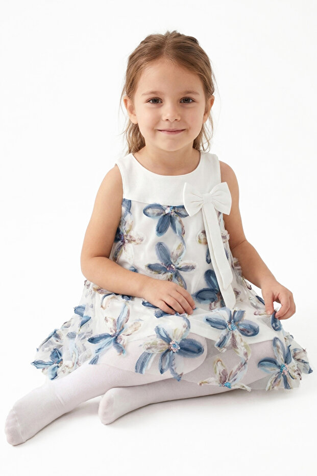 Girl's Ecru Blue Tulle Piece Sequined Dress with Floral Print Bows