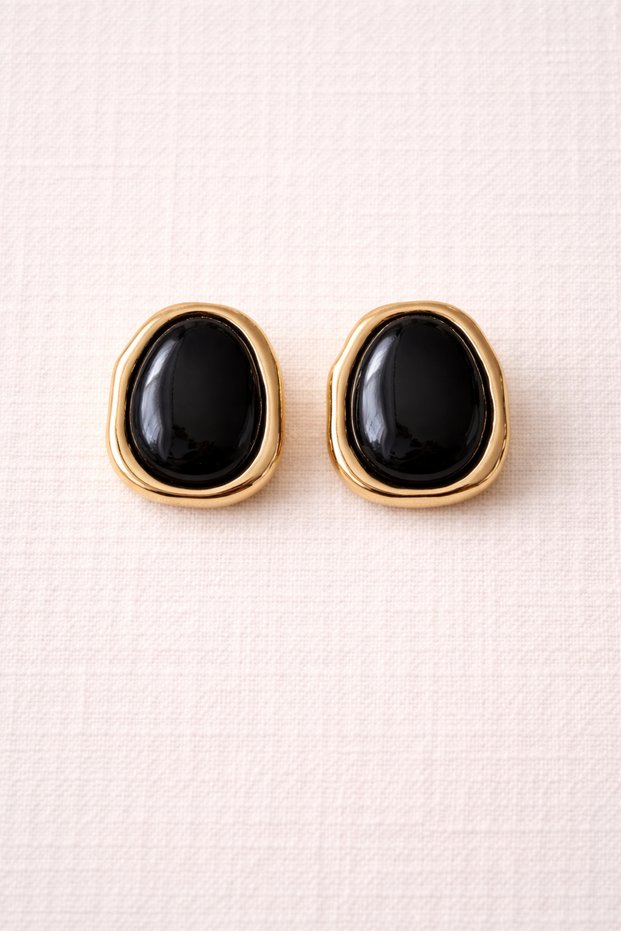 Gold Framed Black Big Stone Vintage Steel Earrings