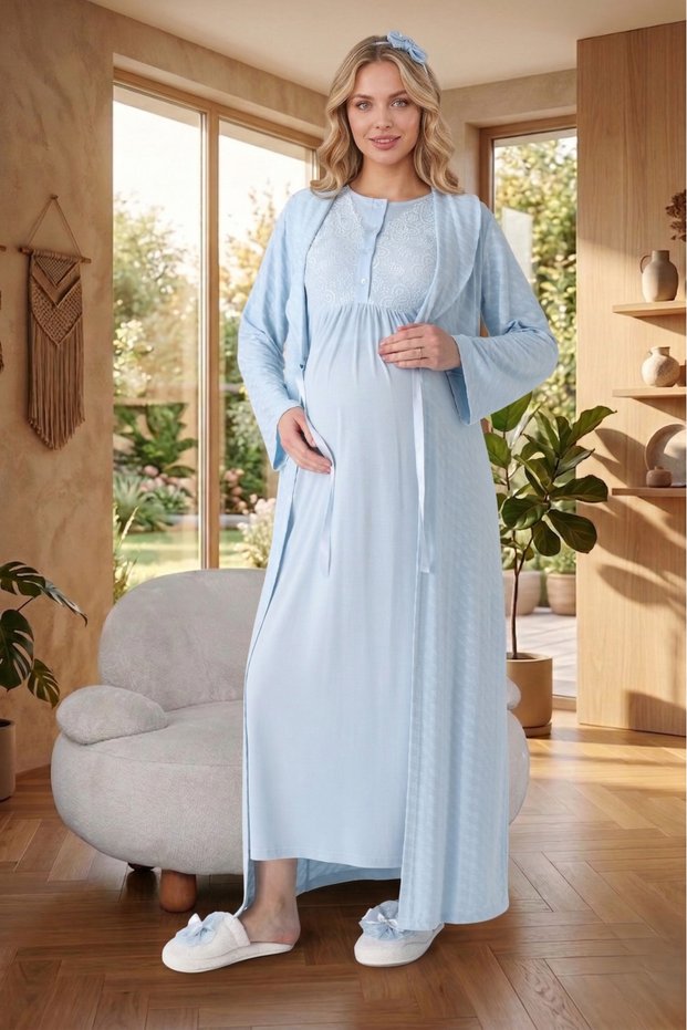 New Season Blue Jacquard Summer Lace Shawl Collar Full Length Buttoned Maternity Dressing Gown Nightgown Set