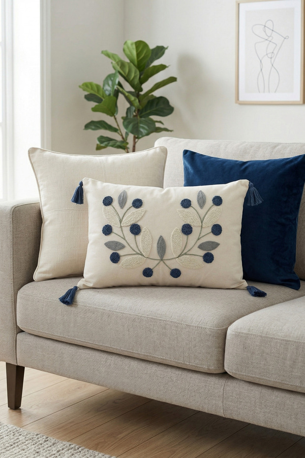 Colorful Acacia Punch Embroidered Tassel Decorative Throw Pillow Cover Cotton 35X55 cm