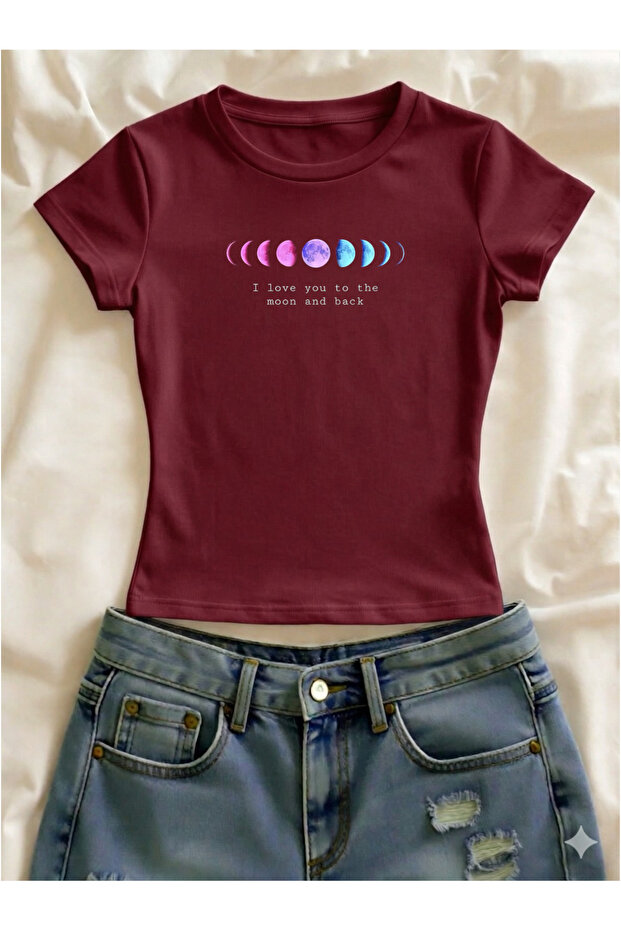 Moon Phases Printed Lycra Slim Fit Short Sleeve Crew Neck Tee Crop