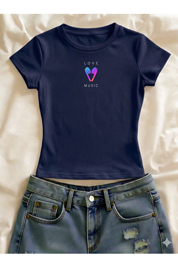 Love Music Printed Lycra Slim Fit Short Sleeve Crew Neck Tee Crop