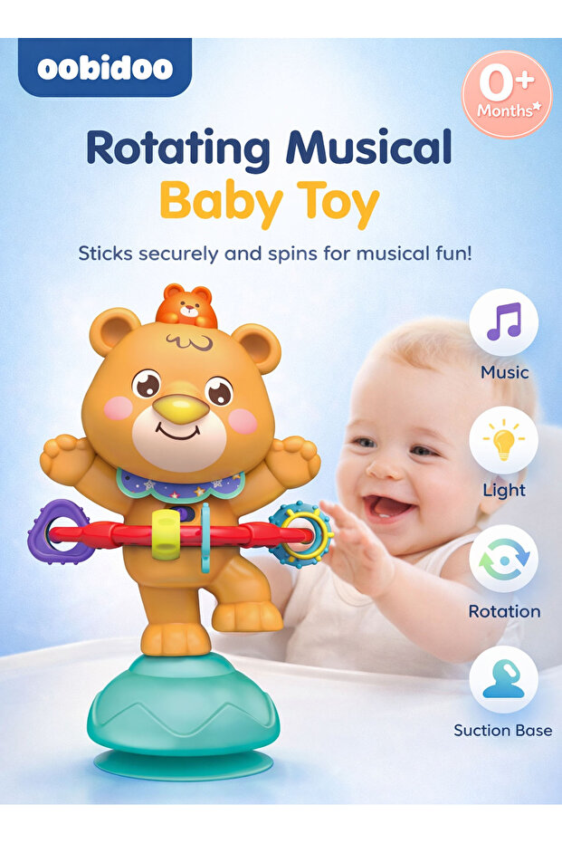 Baby Rotating Musical Bear Toy Suction Cup Spinner Light Sound Activity Toy for Infants