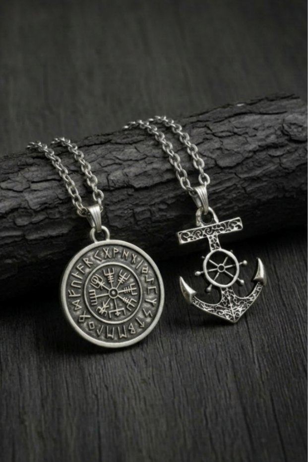 2Pcs Necklace Compass and Anchor Design Pendant Fashion Necklace Men's Necklace