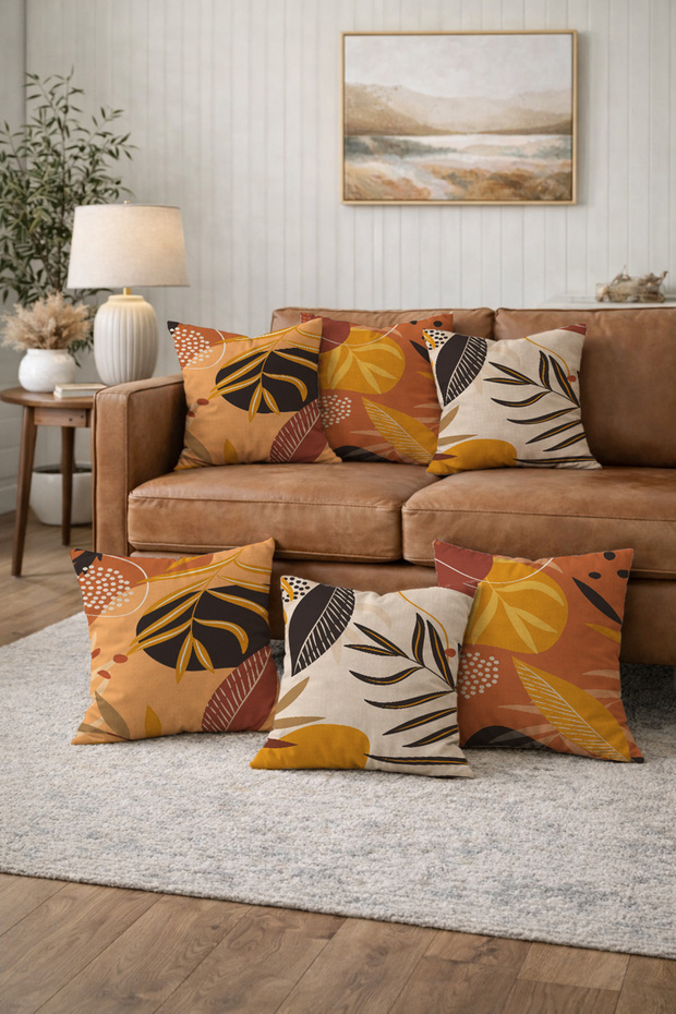 43X43 cm Modern Tile and Mustard Toned 6-Piece Throw Pillow Set - Double-Sided Digital Printing